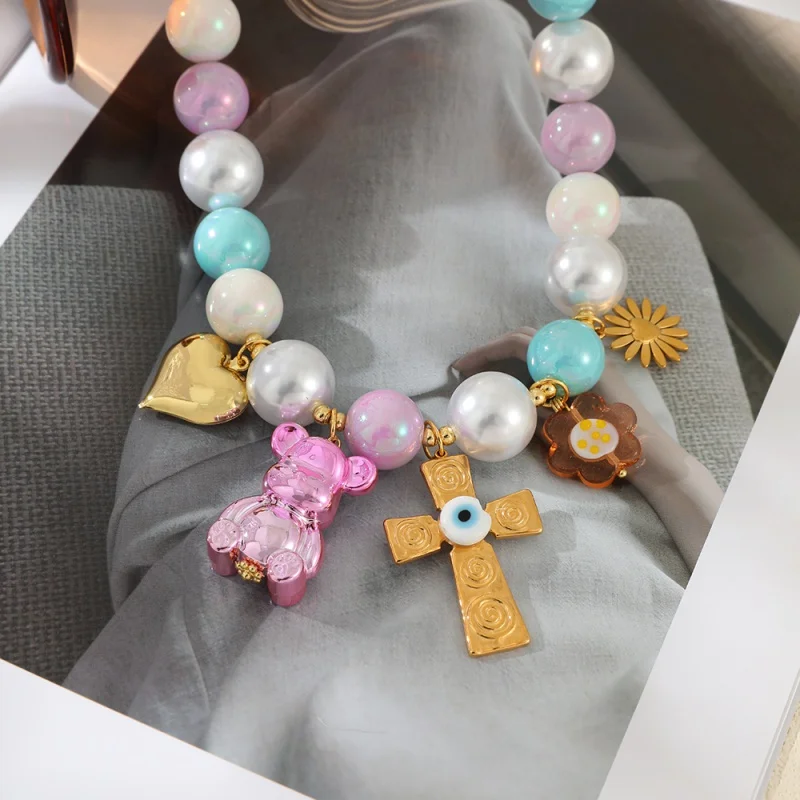 Y2K Sweet Cool Cross Bear Resin Dopamine Illusion Bead Necklace