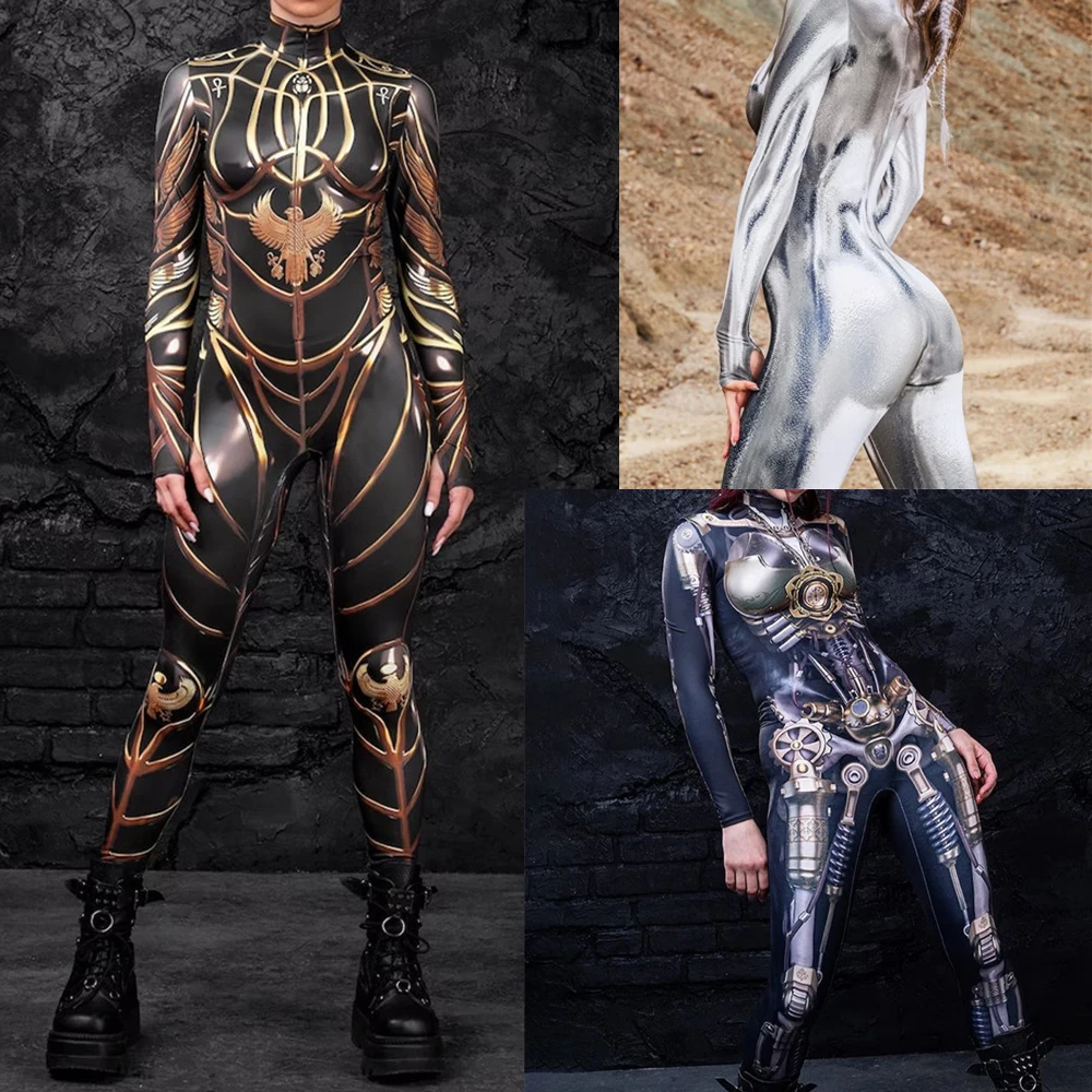 Women Bodysuit Cosplay Fashion 3D Printing Zentai Skinny Long Sleeve Slim Elastic Jumpsuit Outfit Halloween Catsuit for Adult