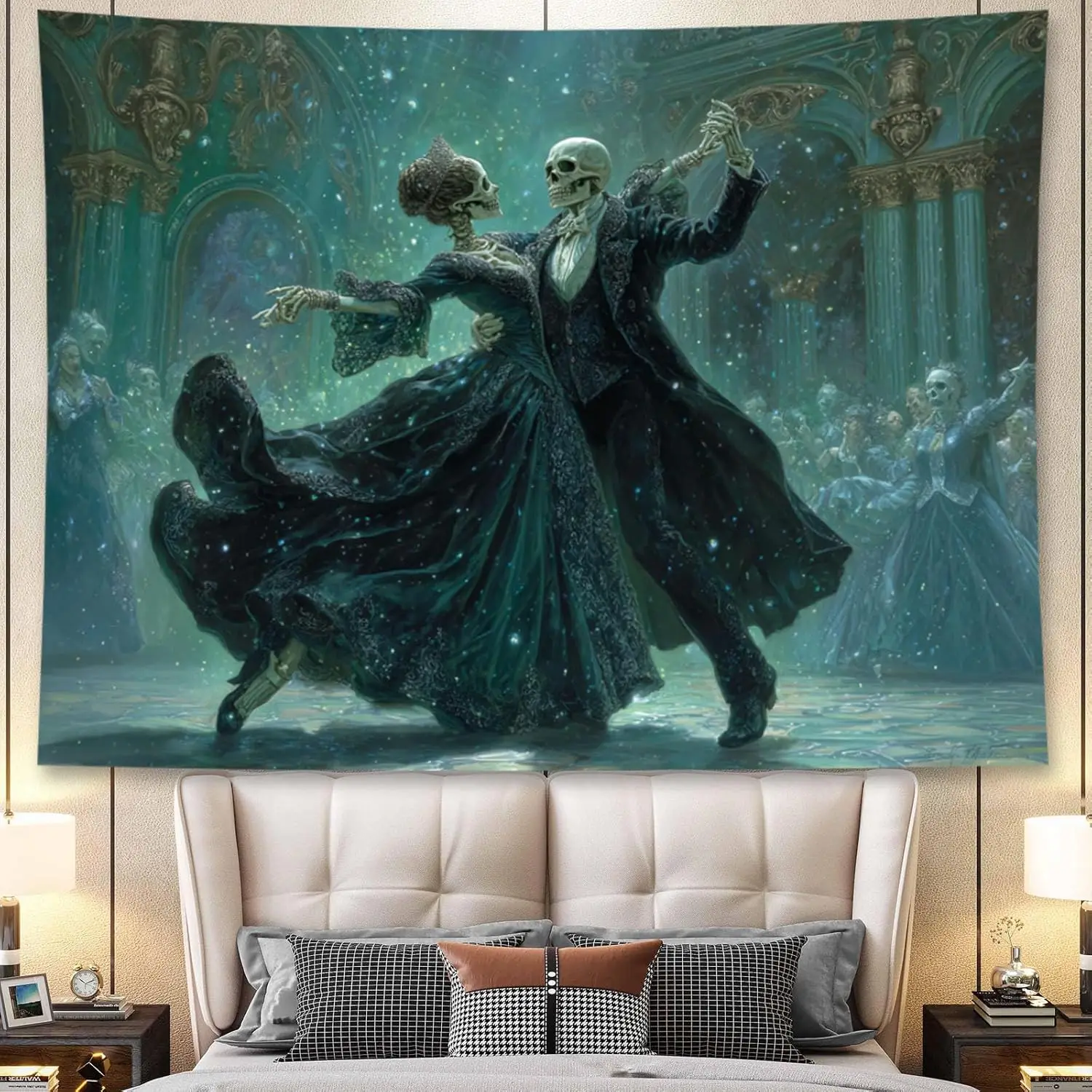 Premium Gothic Tapestry Wall Hanging Dark Academia Romance Skeleton Couple Blue Phantom Art Halloween Decor
