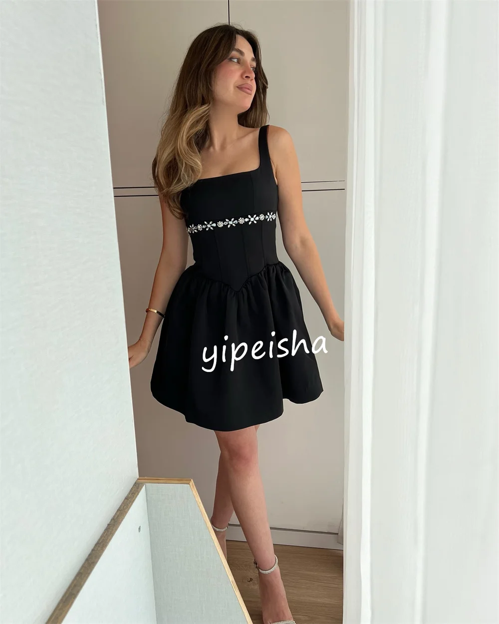 Customized Pastrol Jersey Sequined A-line Square Neck Short Dresses Evening Dresses Chinese Style Formal Casual Simple Retro Ele