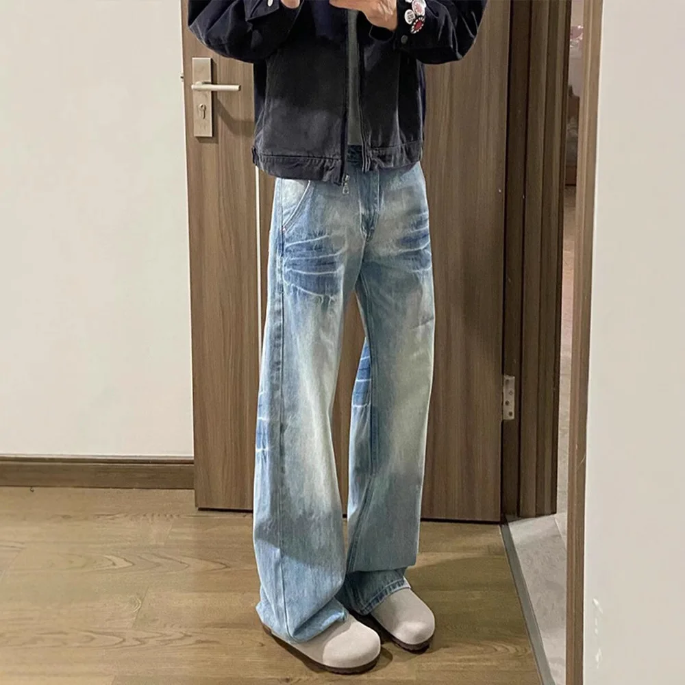 Men's Washed Blue Casual Trendy Straight Wide Leg Simple Basic Denim Trousers American Spring Autumn New Fashion Clothes Jeans