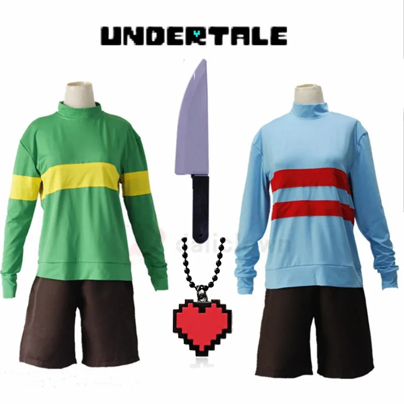 Juego de Anime para adultos Chara Frisk Undertale, disfraz de Cosplay, sudadera, cuello alto, chaqueta de manga larga, pantalones cortos, cuchillo, collar de corazón