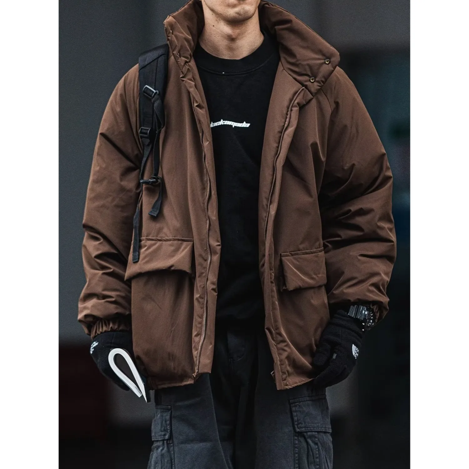 

Retro Japanese Style Thickened Warmth Men's Cotton Jacket Windproof Coffee Color Loose Workwear Autumn Winter New Arrival