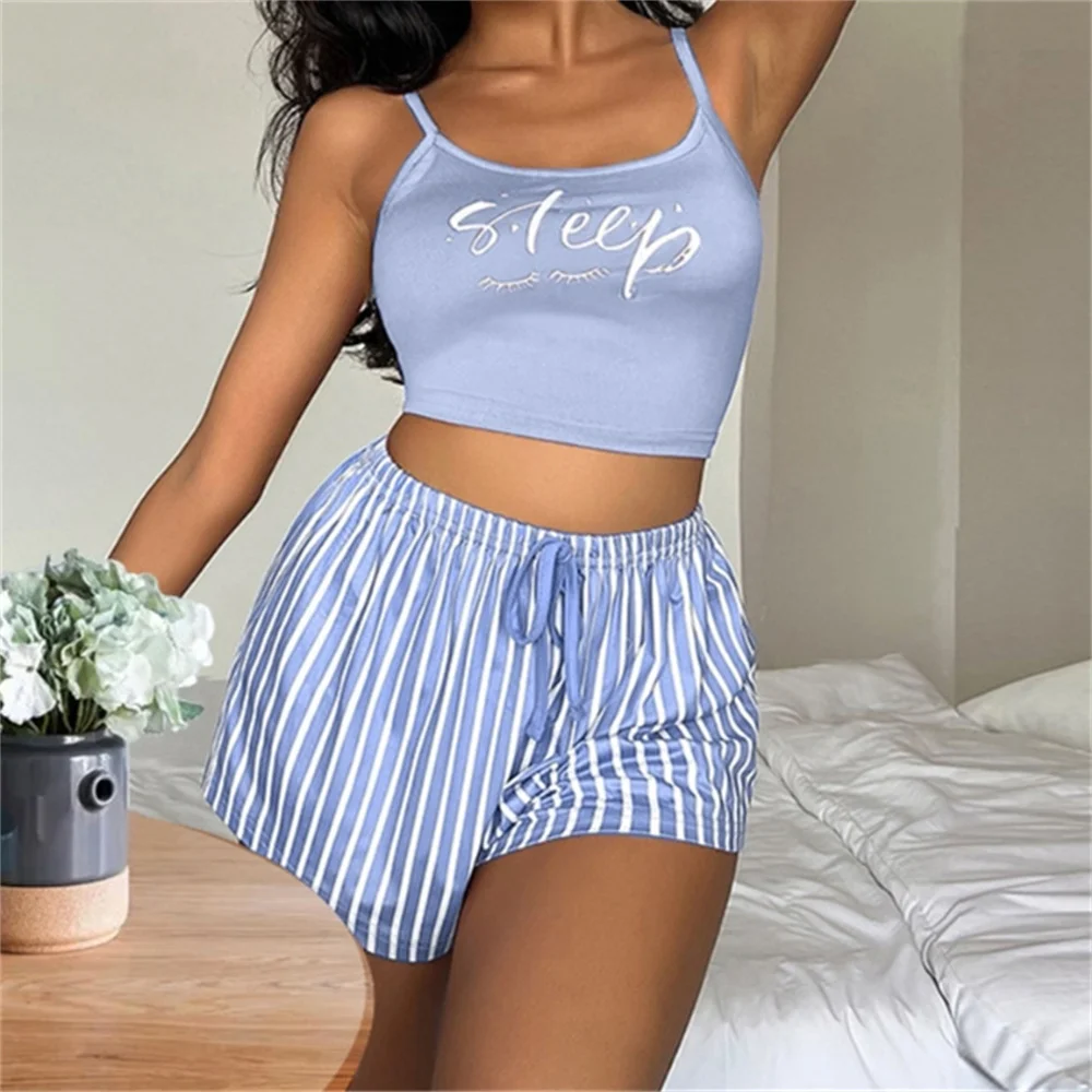 Conjunto de pijamas sexy de algodão feminino, tops e shorts, pijamas sem mangas femininos, roupas de casa fofas, verão