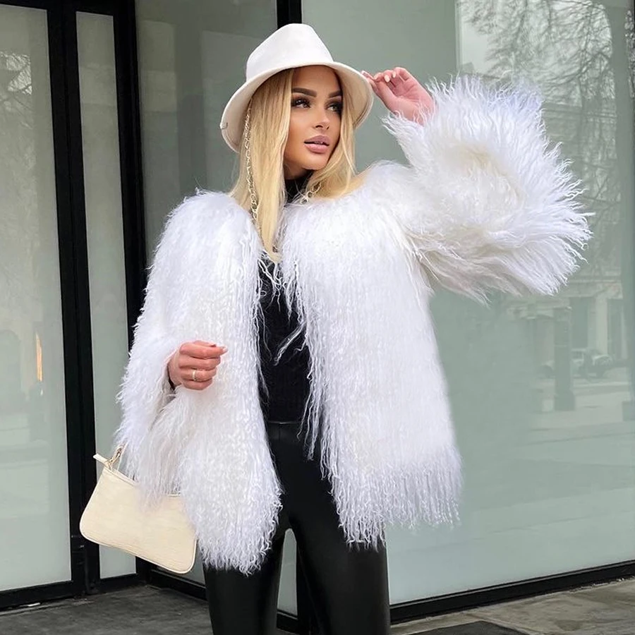 Mongolian Fur Coat Women Lamb Coats Women White Genuine Mongolian Jackets  2024 High Quality Fashion Sheepskin Jacket