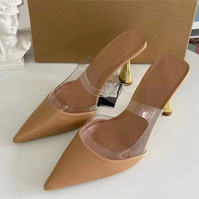 Summer Gold High Heels Sandals Woman 2024 Trendy Brand Designer Shallow PVC Elegant Slingbacks Big Size Party Lady Mules Shoes