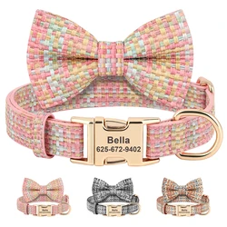 Collar de cuero personalizado para perro, accesorio a cuadros con lazo para mascotas pequeñas, medianas y grandes, grabado gratis