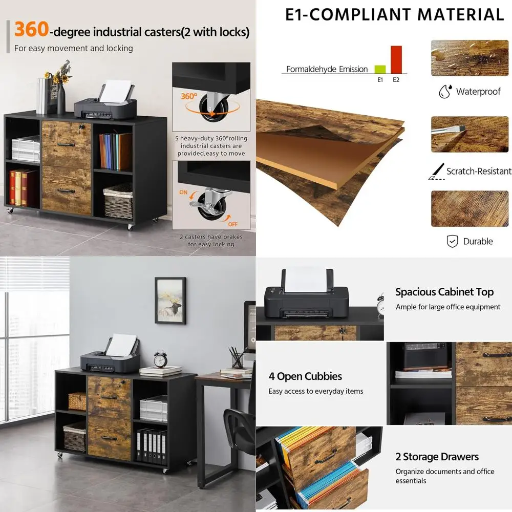 

Боковой шкаф для документов с 2 ящиками и 4 открытыми полками, подходит для документов формата А4, подставки для принтера или домашнего офиса, черный/под старину.