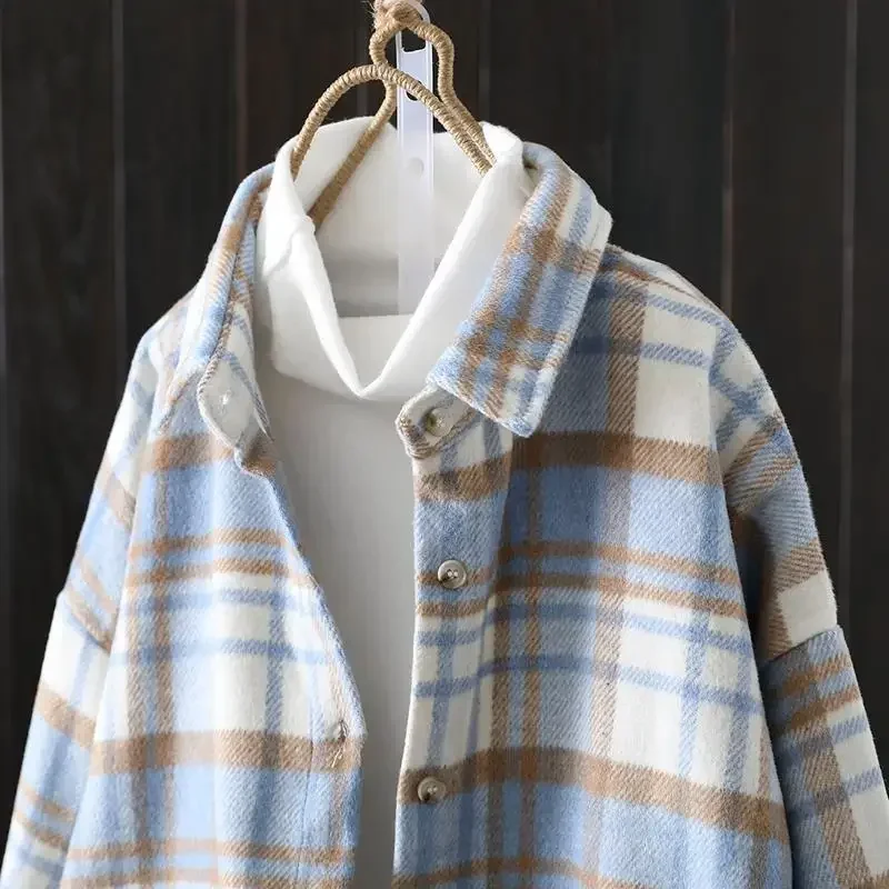 Blouse Women Winter Loose Plaid Long Sleeve Shirt Vintage Woolen Shirt Coat Blusas Ropa De Mujer