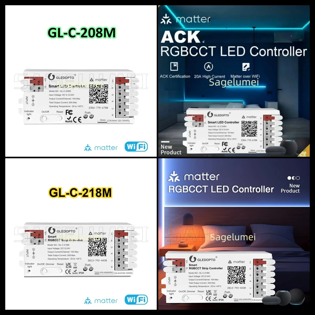 GL-C-208/218M Matter LED Controller Smart RGBCCT Strip Controller 12V 24V PWM Dimming APP Voice Control Work with HomeKit Alexa