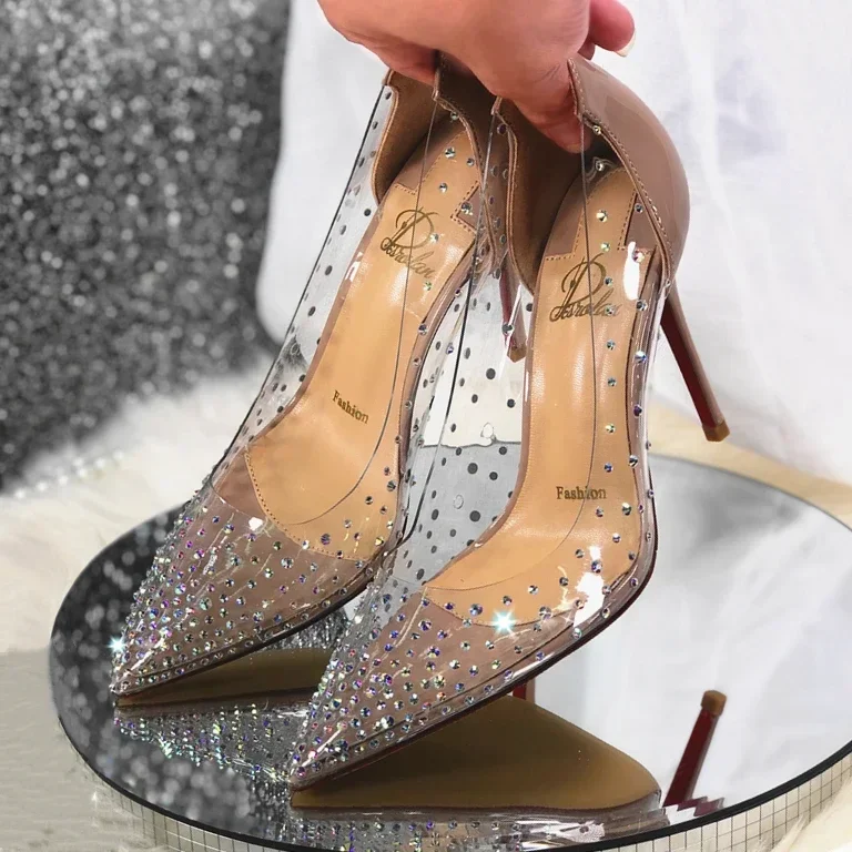 2025 Summer New Fairy Style Transparent High Heels Thin Heels Pointed Water Diamond Single Shoes Women's Crystal Wedding Shoes