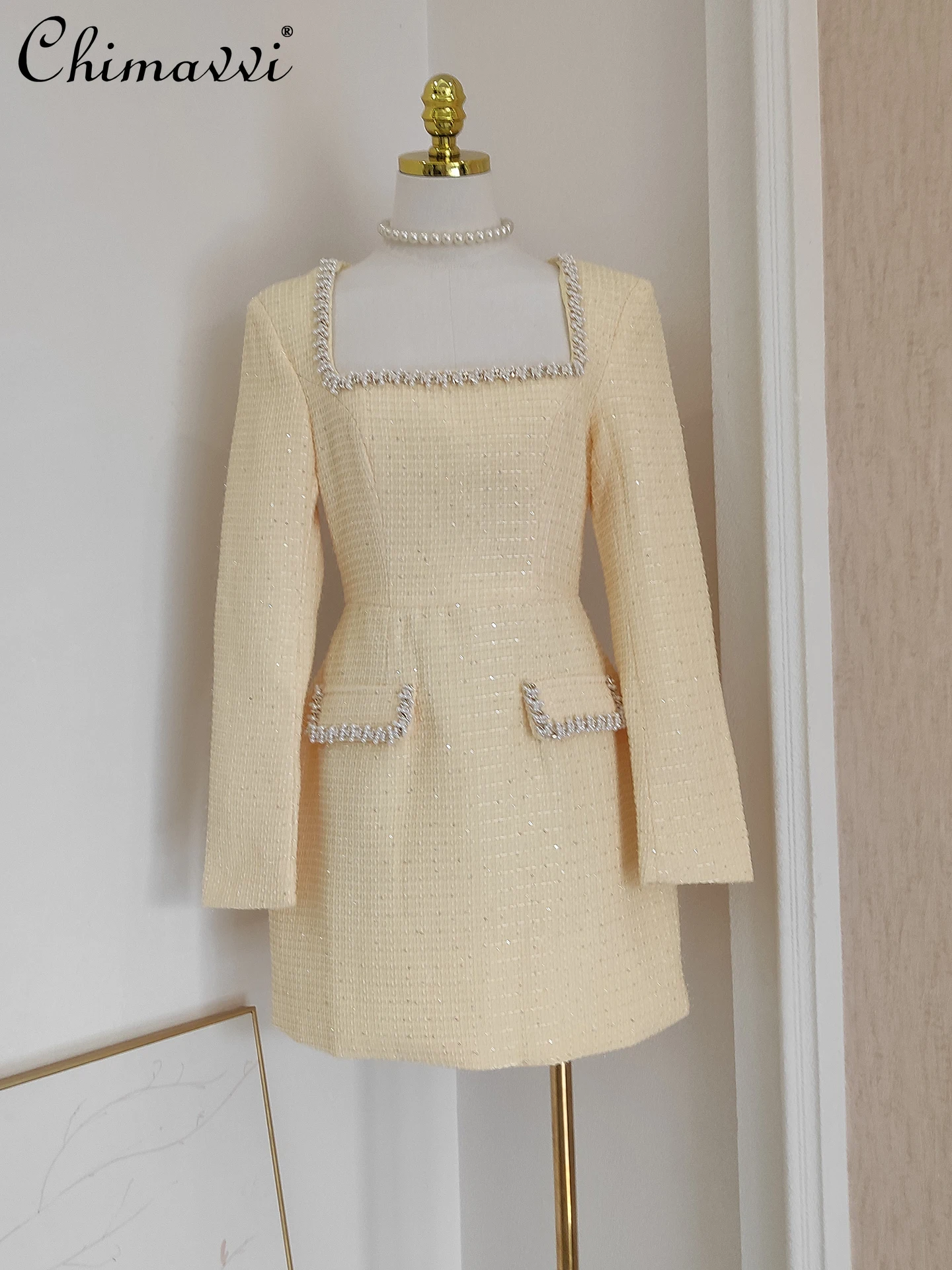 

French Style Elegant Socialite Party Dresses Beaded Sequin Square Neck Long Sleeve High Waist Tweed Short Dress for Women Winter
