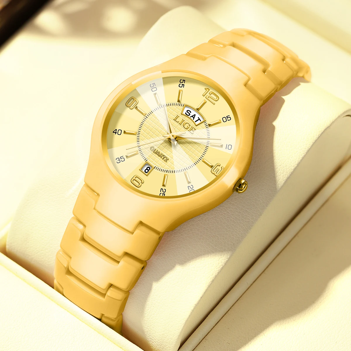 ساعات LIGE للسيدات بتقويم سيراميك مقاومة للماء ساعات يد نسائية ماسية بسيطة فستان ساعة عرض الأسبوع تاريخ كوارتز ساعة معصم