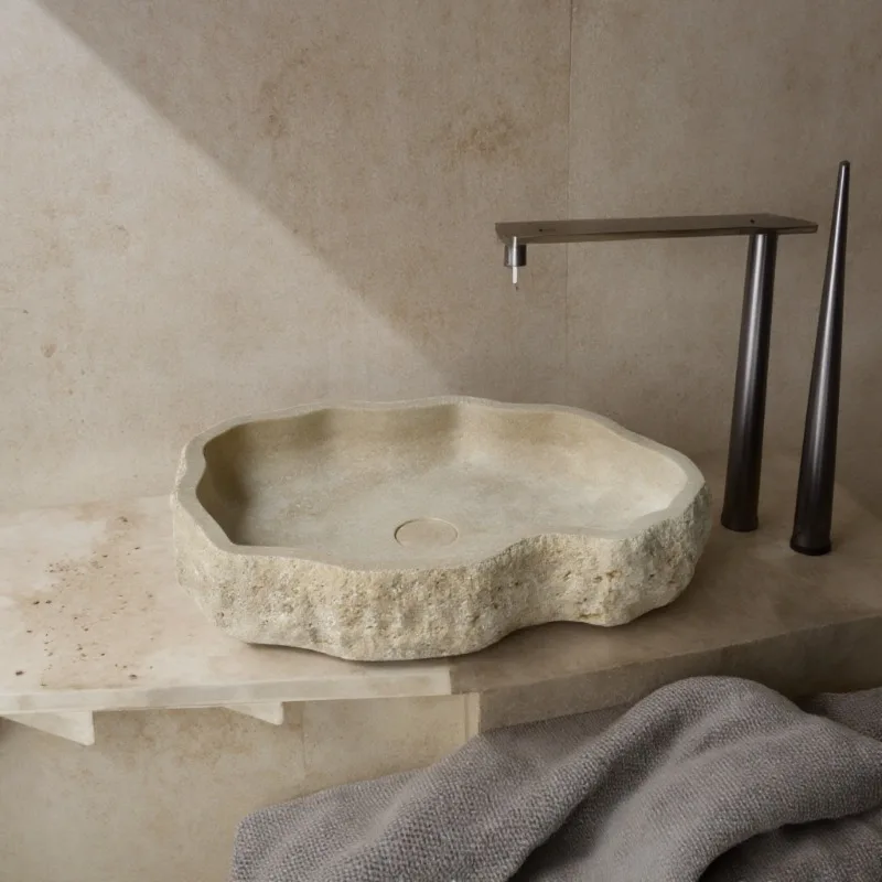 Modern style indoor/outdoor stone travertine sink irregular waveform easy to clean polished drain for school hand washing