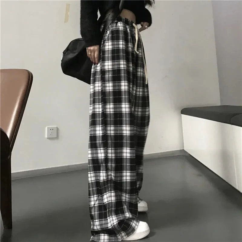 

Harajuku Summer Women Plaid Pants Oversize Casual Loose Wide Leg Trousers Black White Hip Hop Straight Retro Hip hop pants