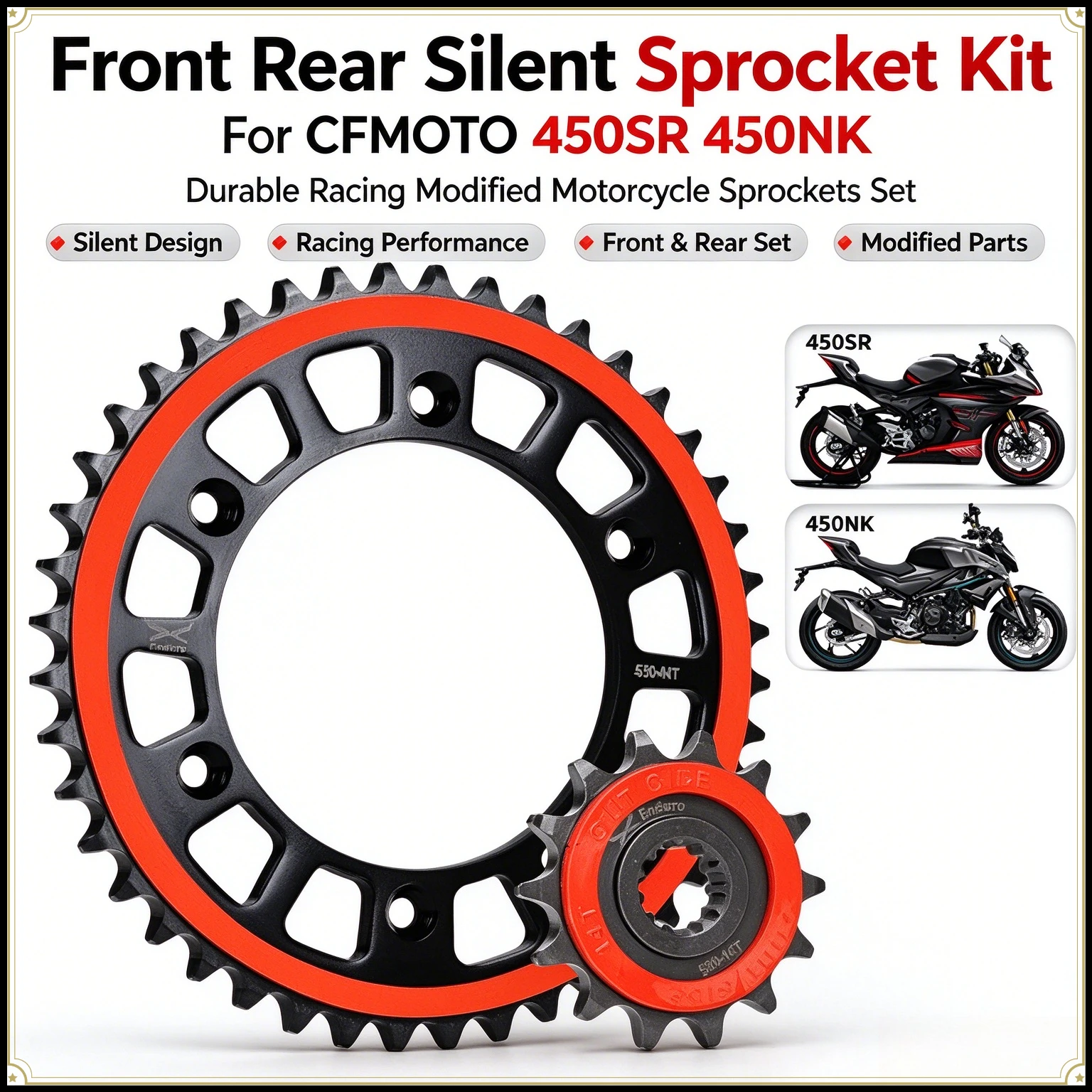 For CFMOTO 450SR 450NK Front Rear Silent Sprocket Kit Durable Racing Modified Motorcycle Sprockets Set