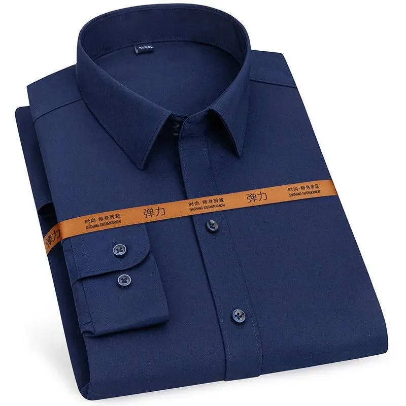 

New Men's Dress Shirt Thin Long SVE Business No Ironing Required Waist-Cinching PU Leather Collar CleanFit 3D Effect