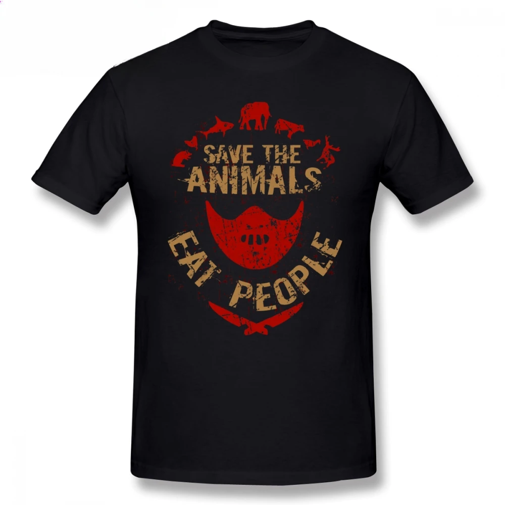 Mens Hannibal Save The Animals EAT PEOPLE Print Casual 100% Cotton Fun Oversize harajuku summer fashion Round neck heavyweight