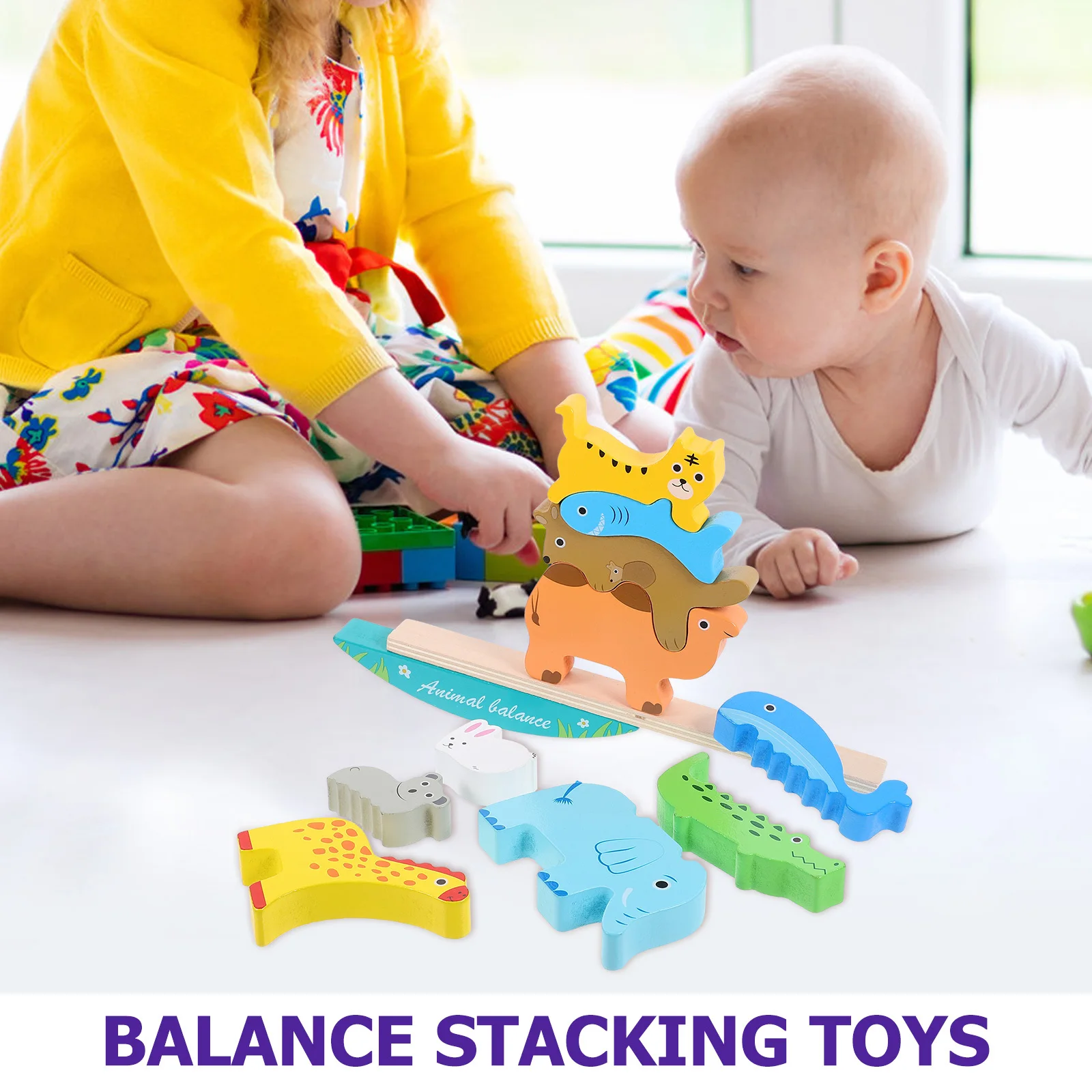 مجموعة واحدة من ألعاب التراص الخشبية على شكل رسوم كرتونية للأطفال الصغار كتل الخيال والمهارات الاجتماعية كتل التوازن