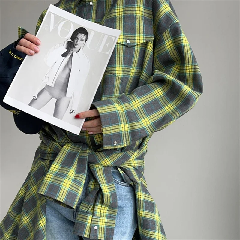 Vintage Karierte Bluse Damen Frühling Sommer Koreanischer Stil mit Taschen Langarm Revers-Hemd Mode Streetwear Y2K Kleidung 2026 Übergroße Oberteile – Detail 16