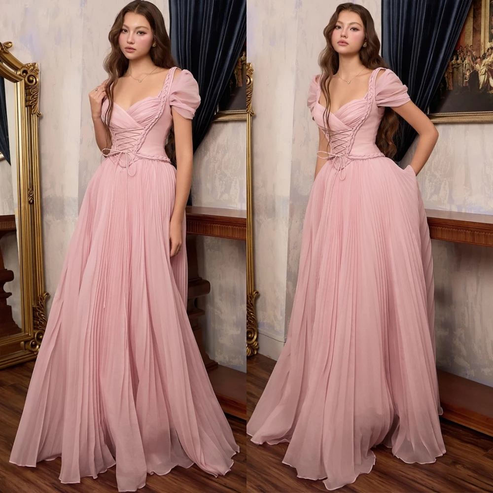 

Customized Elegant Chiffon Evening Dress Fashion Square Collar Prom Dresses Delicate Sweep Train Special Occasion Gowns