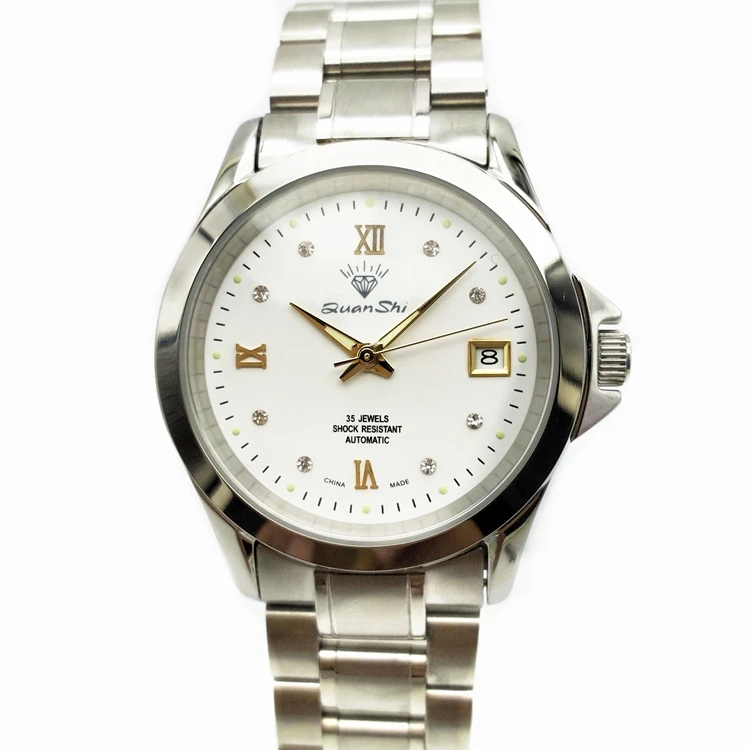 Shanghai Diamond Brand Watch Men's Fully Automatic Mechanical Watch Luminous Double Calendar Retro 8120 Transparent 35 Diamond