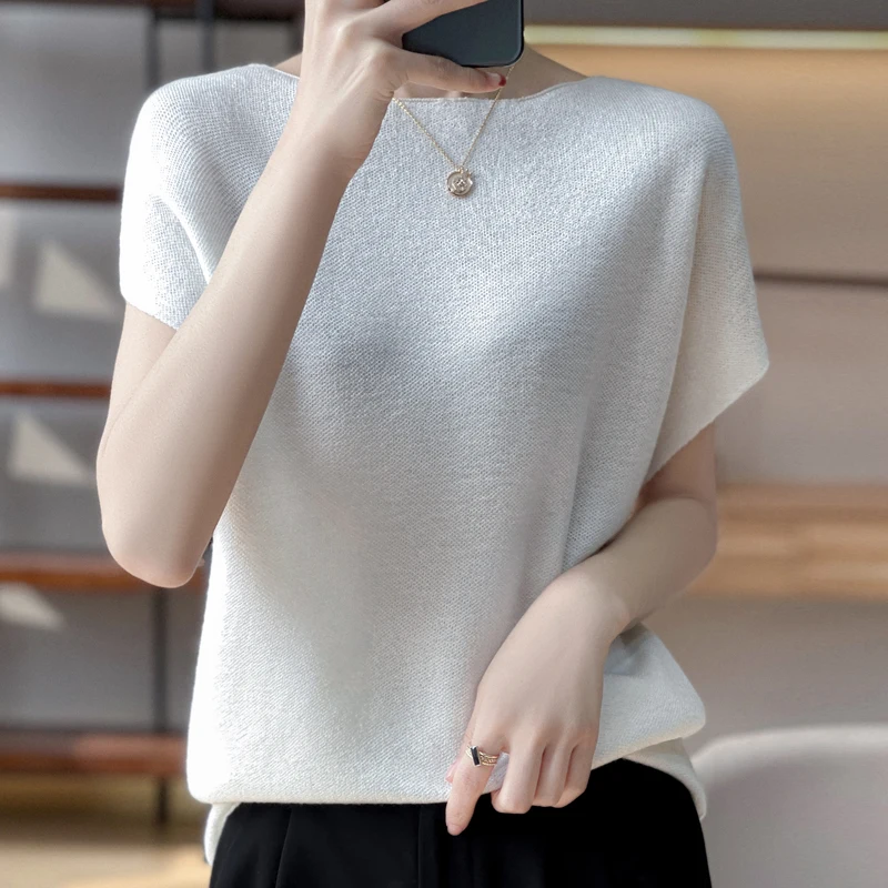 

Knitted short sleeve women's thin worsted wool shirt cotton thread T-shirt summer versatile cotton and linen half sleeve