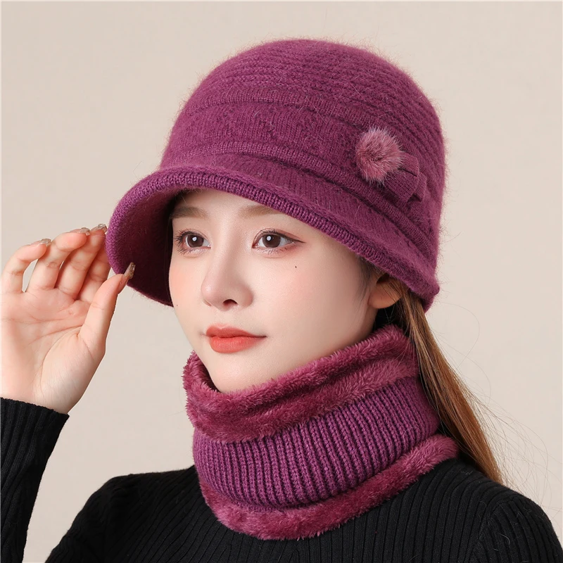 High-grade Rabbit Hair Wool Hat Bib Set Women\'s Winter Old Winter Warm Basin Hat Plus Cashmere Mother Fisherman Hat Women\'s Hat