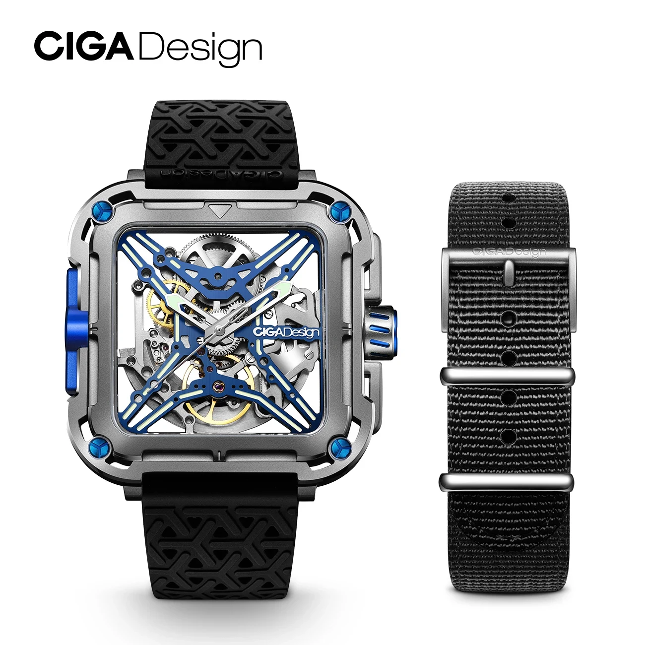 

CIGA Design Mens Titanium Watch Automatic Movement 2024 X Series Fashion Luminous Skeleton Mechanical Wrist Watches Two Straps