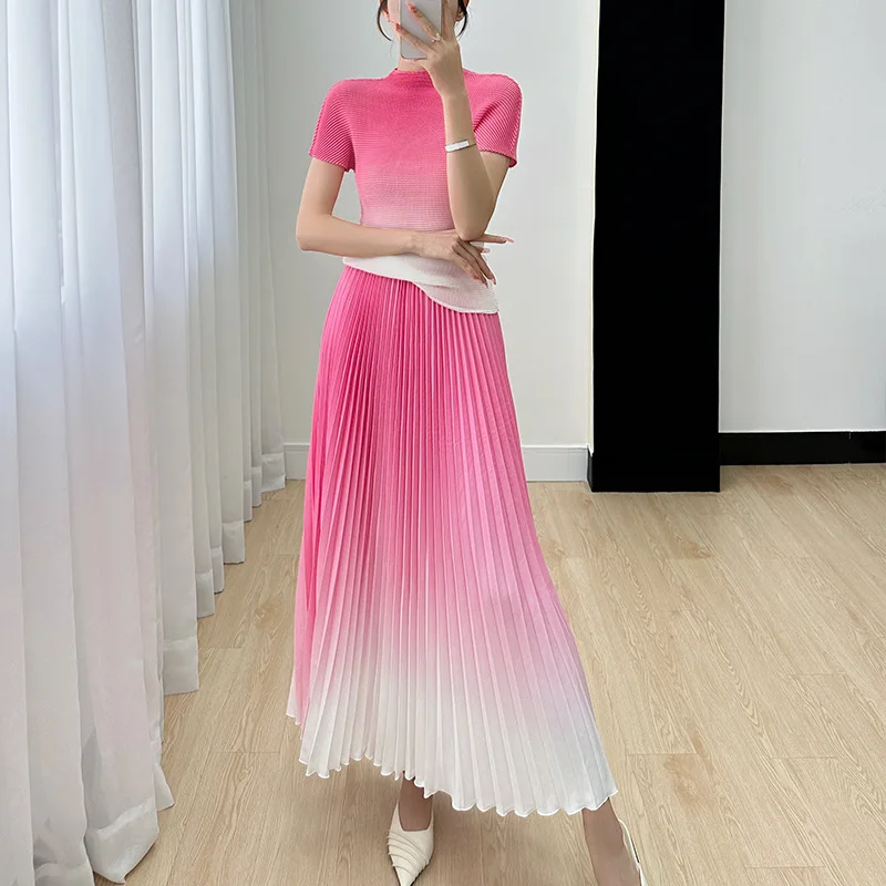 

Miyake Gradient Pleated Suit Women's Summer Slim Pleated Skirt Swing Two-piece Set To Reduce Age High-end