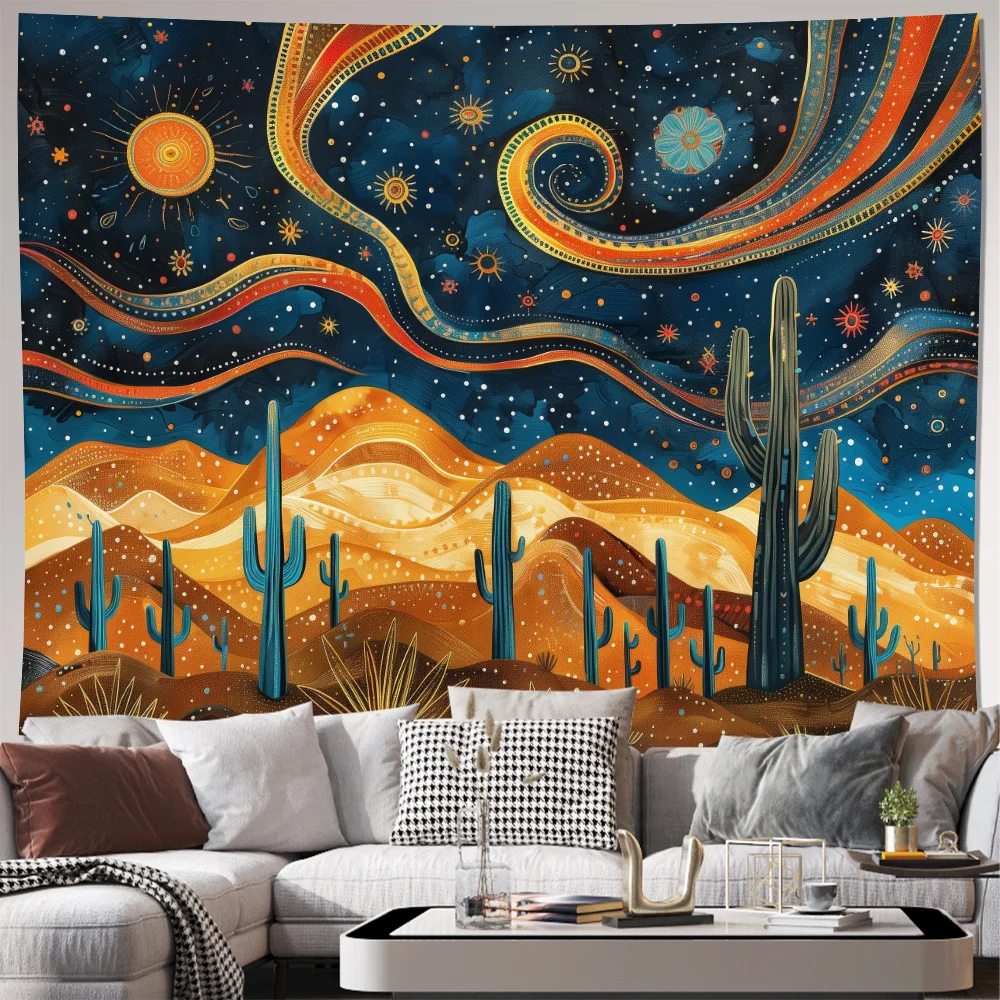 Boho Desert Cactus Tapestry, Cosmic Starry Sky Southwest Folk Art Landscape Wall Cloth For Home Room Aesthetic Decor