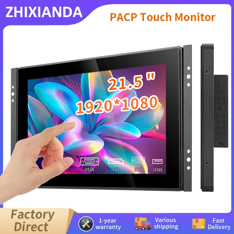 Zhixianda 21.5 Inch 1920*1080 PCAP Flat Pure 10 Points Waterproof Capacitive Touch Screen Monitor With VGA HDMI USB Port