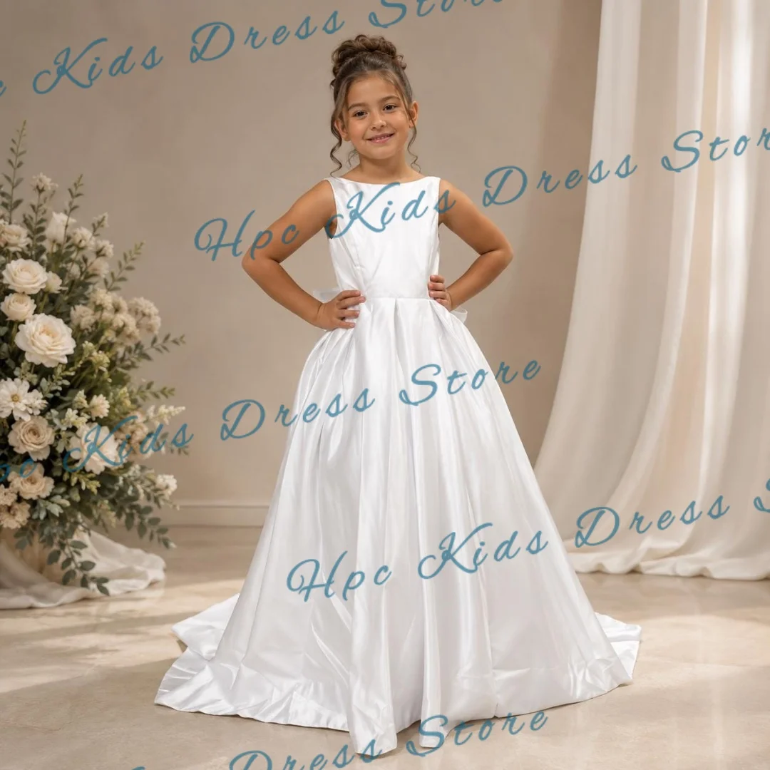 Custom White Satin Flower Girl Dress Sleeveless A-Line for Wedding First Communion Kids Party Outfit