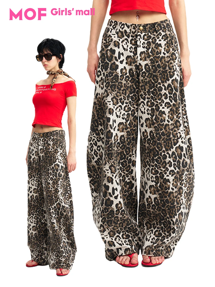 MOF Girl's Wide Leg Casual Pants with Large Pockets Leopard Print Bend Knife Pants Loose Slimming Chinese Commuter Style