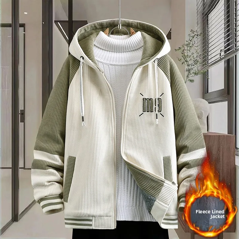 

Men's Fce Lined Thiened Hooded Corduroy Jaet Autumn Winter New Sle Youth Faion Cotton Coat for Teens And Adults