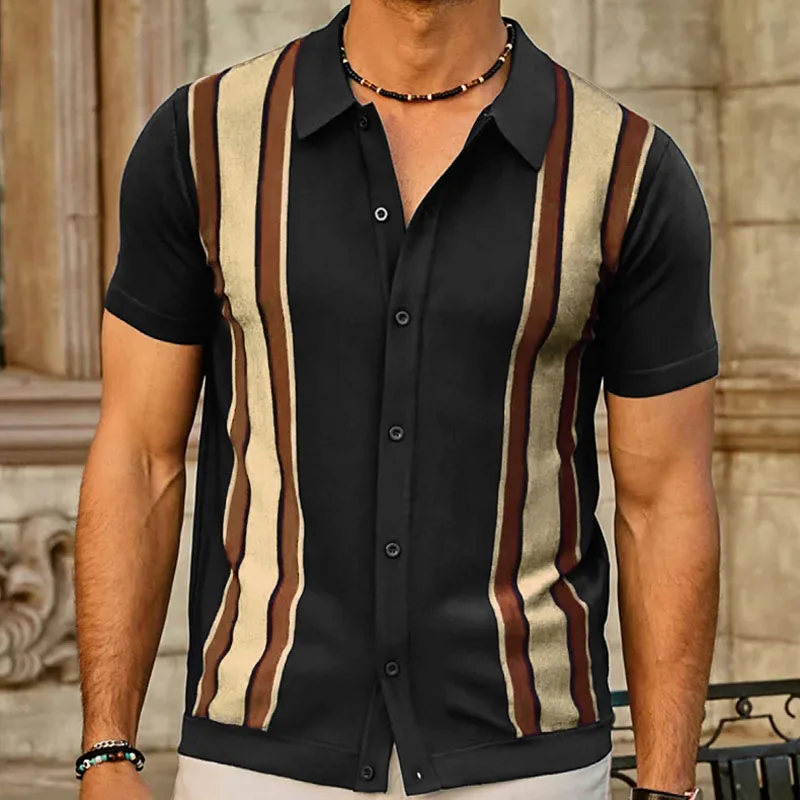 Men Luxury Knitted Polo Shirt Short Sleeve Button Down Stripe Contrast Color Summer Tops Business T Shirt for Men MY1063