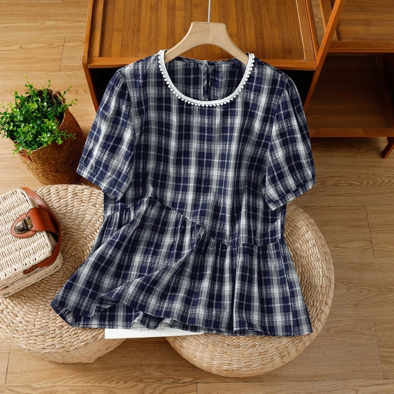 

Classic Faion Plaid Slim Splicing T-irt Women's Summer New round Ne Loose Pure Cotton Top Commute Sle ort Sve