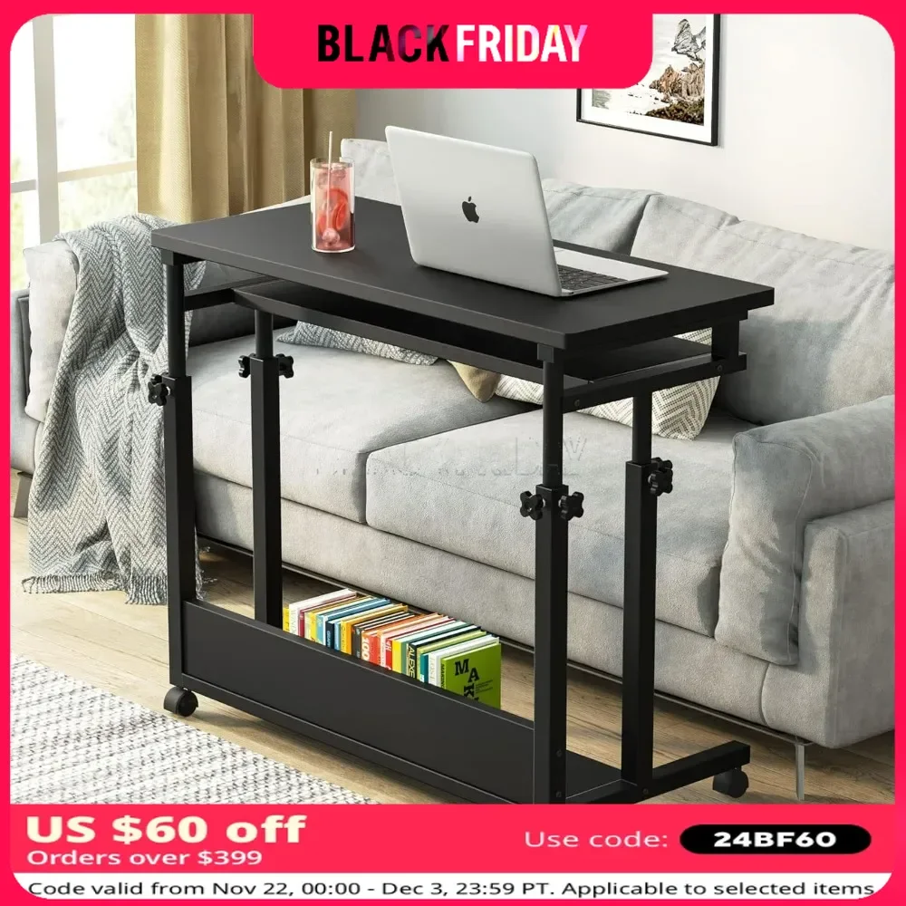 

Portable Desk for Sofa and Bed, Height Adjustable Mobile Laptop Table Small Standing Desk Rolling Computer Cart with Keyboard