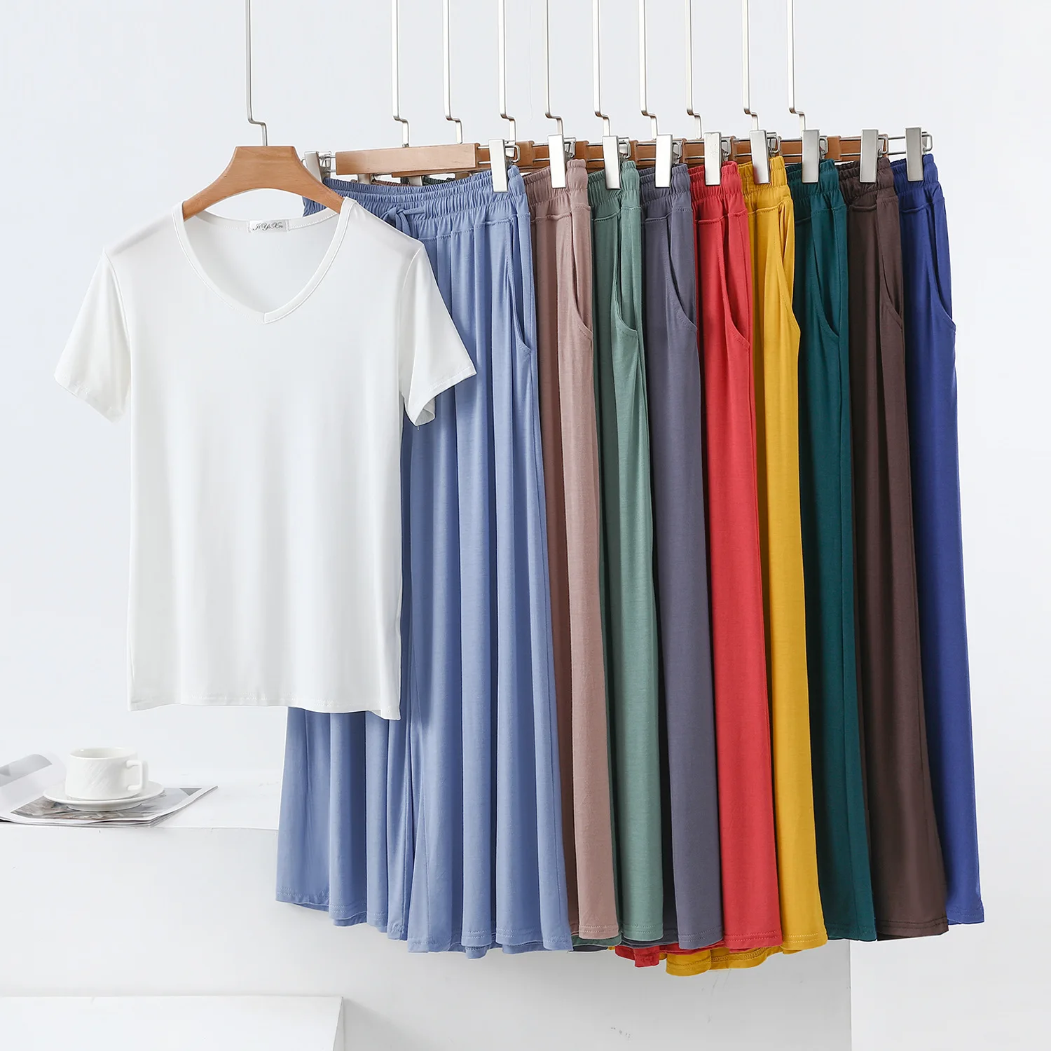 

Modal Thin Pajama Set V-Neck Short sleeved Tshirt and Wide Leg Pant full Length soft sleepwear set Comfort homewear 2 Pcs suits