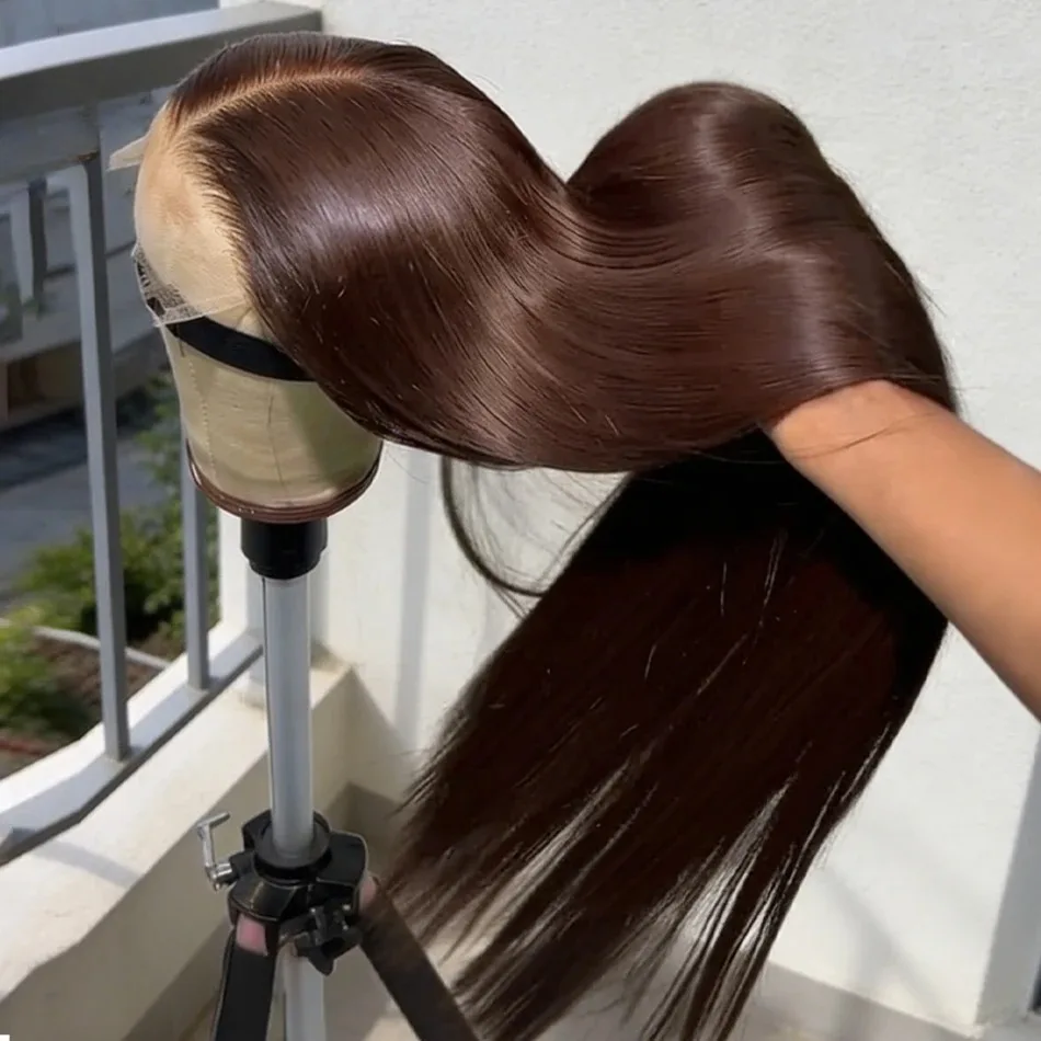 

Dark Brown Straight Lace Front Wig 13x4 HD Transparent Free Part Glueless Pre Plucked Synthetic High Quality Daily Cosplay Use