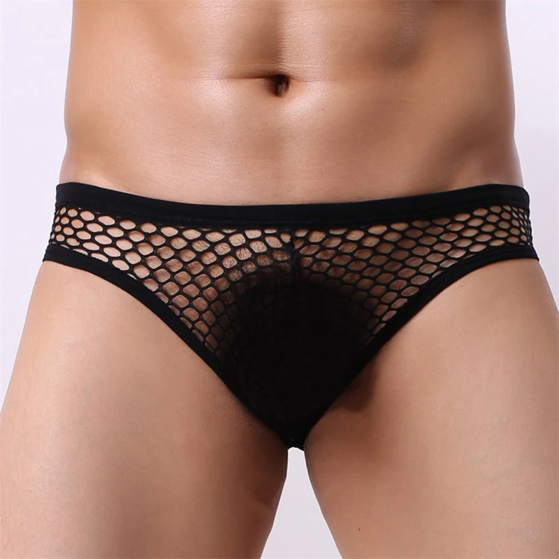 Sexy Men\'s Hollow Underwear Briefs Mesh Fishnet Transparent Penis Pouch Underpants Hombre Panties Erotic Lingerie  High Elastic