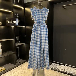 French blue romantic plaid lace dress female spring and summer new fashion gentle wind casual girl cool Joker dress.