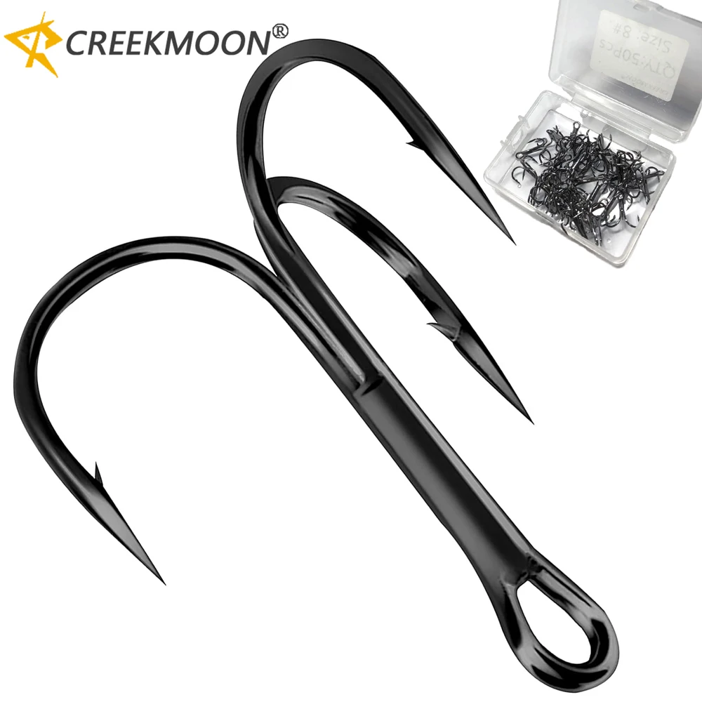 50pcs/box Treble Hooks Round Bend Triple Fishing Hook High Carbon Steel Barbed Sharp Fishhook for Surf Fish Freshwater Saltwater