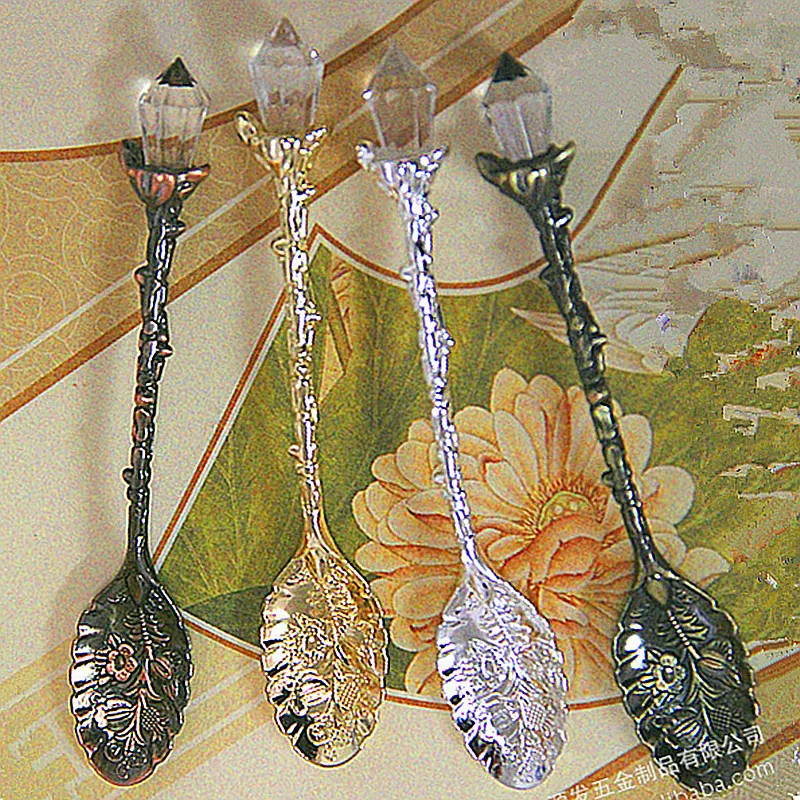 Crystal Vintage Pattern Small Coffee Tea Mini Spoon Mixing Gold Silver Spoon Cafeteria Station Accessories High Quality Retro