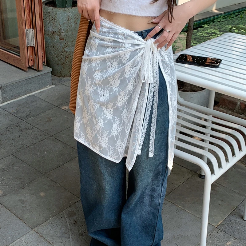 White Lace Fart Curtain Women's See Through Sweet Half Skirt Versatile Apron Cover Skirt Mesh Stacked Wrap Skirt