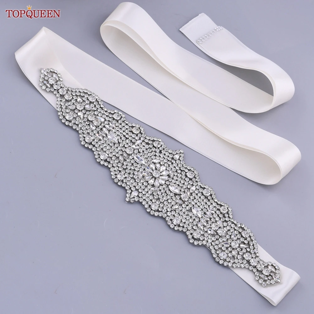 TOPQUEEN – ceinture de mariée S233 pour femmes, avec des appliques de strass argentés, robe de mariée, ceinture de décoration, accessoires faits à la main brillants