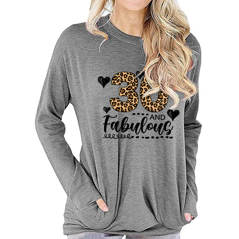 Women's Long Sleeve T-shirt 30 and Fabulous Leopard Print Classic T-shirts Retro 30th Birthday Fall Long Sleeves Gifts for Women