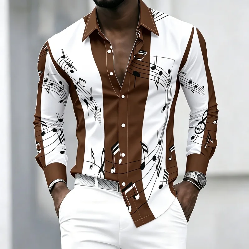 Men's collared shirt with creative musical note print, trendy long-sleeved casual top for everyday wear, dates, and outings. view 6
