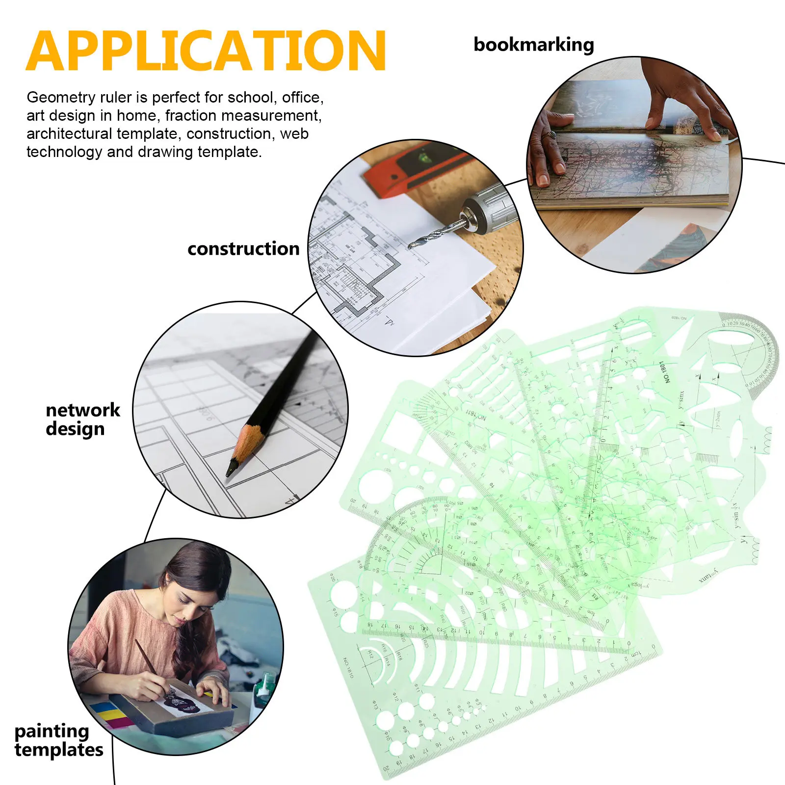Geometric Stencil Set for Drafting – Transparent Green Plastic Shape Templates with Metric Ruler, School & Art Use