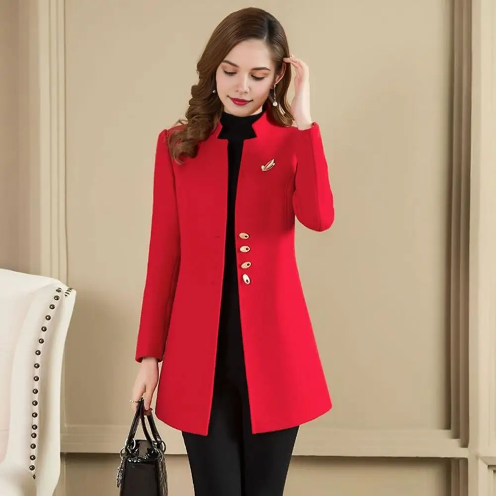 Elegant Women Mid-length Woolen Coat Solid ColorStand Collar Single-breasted Slim Fit OL Office Lady Thick Woolen Overcoat